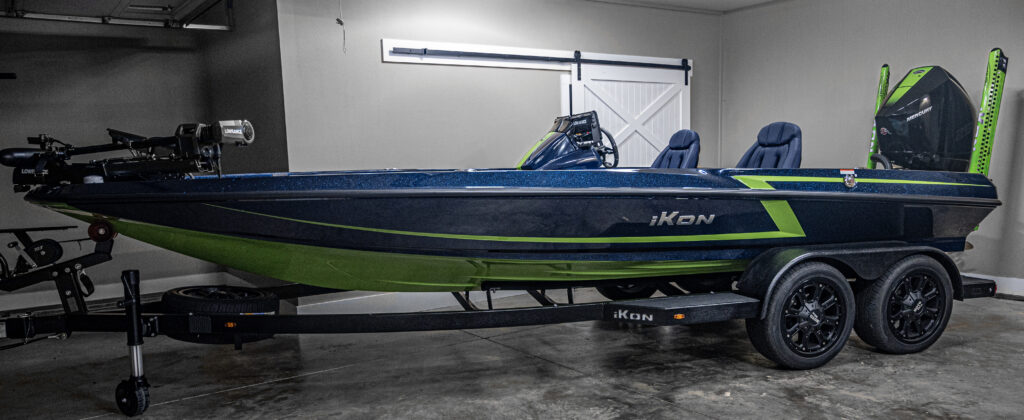 LX20 Bass Boat in a garage